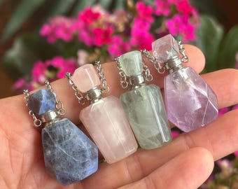 Crystal Perfume Bottle Necklace: Amethyst, Sodalite, rose quartz, fluorite