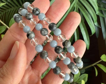 Mix stone bracelet, Angelite Larvikite Quartz Crystal Bracelet: 6mm Gemstone Jewelry