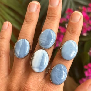 May include: Five oval-shaped rings with light blue and white stone settings are displayed on a hand. The rings have a silver-colored band. The background features green leaves and pink flowers.