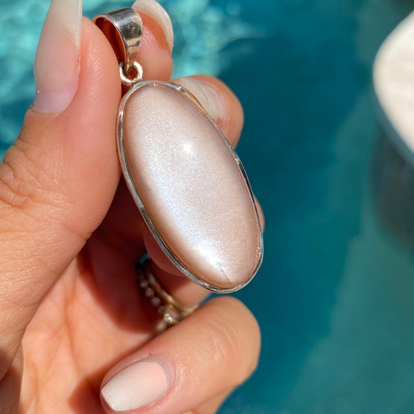 Peach Moonstone pendant, flashy peach moonstone necklace , .925 silver, silver crystal necklace