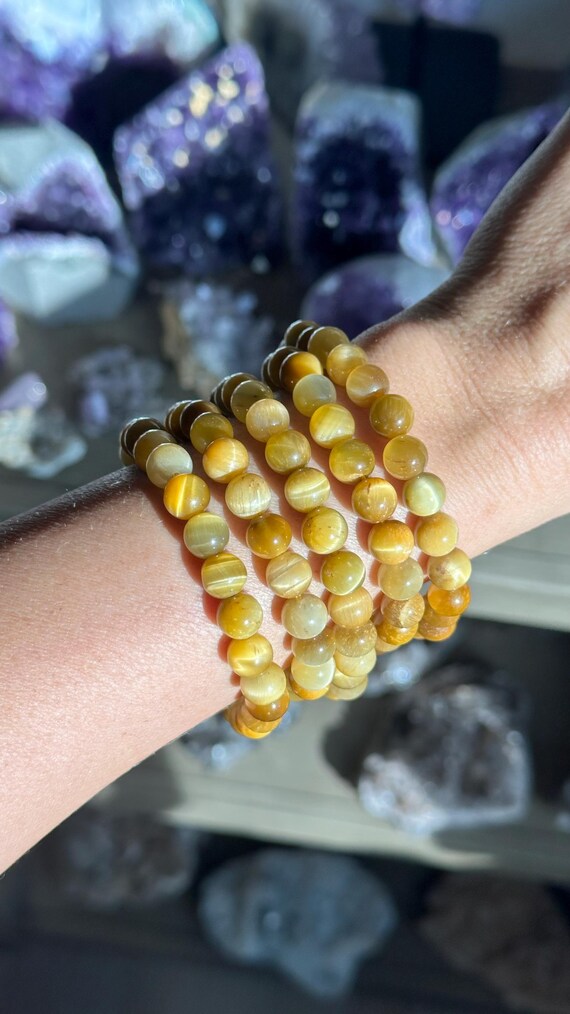 8mm Golden Tiger Eye Bracelet: Crystal Gemstone Stretch Bracelet