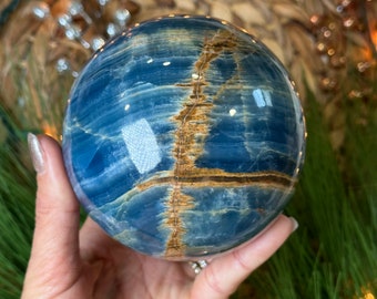 Aquatine lemurian calcite sphere, blue onyx, 4”