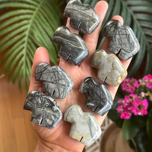 May include: A collection of eight carved stone frog figurines in various shades of gray, black, and tan. The frogs are held in a hand, with a natural background of green leaves and pink flowers.