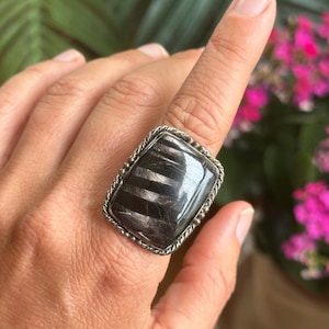 Peut inclure: Bague en argent avec une pierre noire rectangulaire ornée de motifs linéaires blancs. La bague est bordée d'un motif torsadé en forme de corde. L'arrière-plan flou montre des feuilles vertes et des fleurs roses. La bague est portée sur une main.