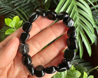 Chunky Obsidian Beaded Bracelet: Crystal Mala, Boho Stretch Jewelry