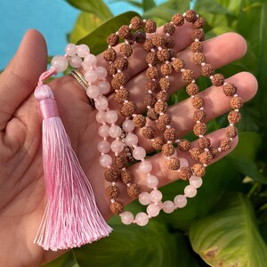 Rose quartz and rudraksha seed mala necklace with silk thread