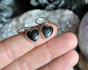 Black Obsidian Heart Dangle Earrings, .925 Sterling Silver  Vintage Sterling Silver heart obsidian goldstone earrings and bracelet main image 0
