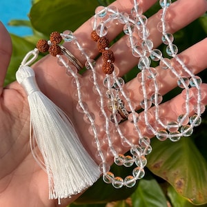 Clear quartz and rudraksha seed mala necklace with silk thread