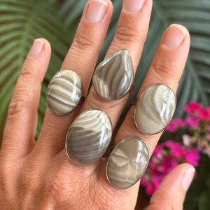 Polish Flint Adjustable 925 sterling silver ring