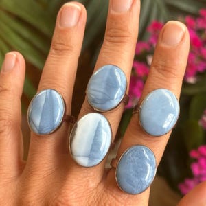 May include: Five rings with oval, light blue gemstones are displayed on fingers. The rings have silver-colored bands. The gemstones have a marbled appearance with white and blue swirls. The background includes green leaves and pink flowers.