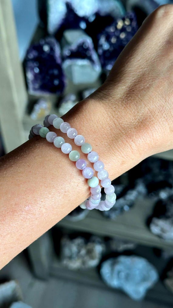 6mm Green and Pink Kunzite Bracelet: Stretched Crystal Gemstone