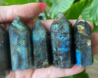 May include: Five labradorite crystal points in various shades of green and blue with iridescent flashes. The points are arranged in a row and are approximately 2 inches in length.