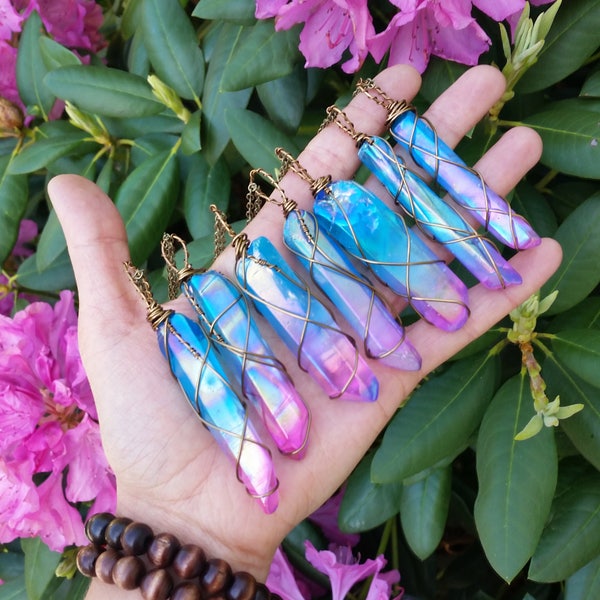 Collier aura hybride, collier aqua aura, collier quartz aura rose, quartz aqua aura, aqua aura, aura de l’arc en ciel, double aura