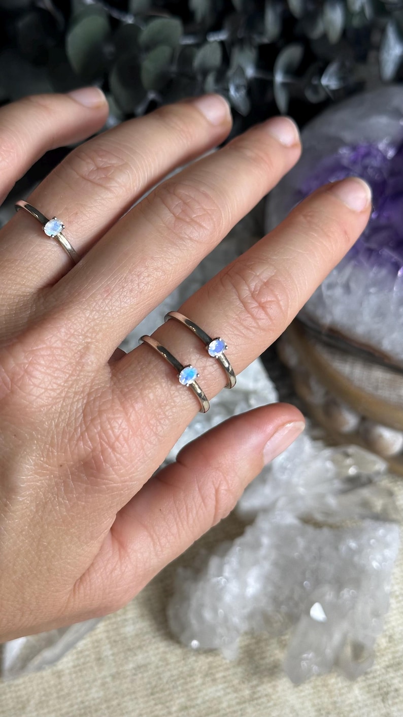 Minimalist Rainbow Moonstone ring, stackable, silver ring, blue flash, small, dainty image 1