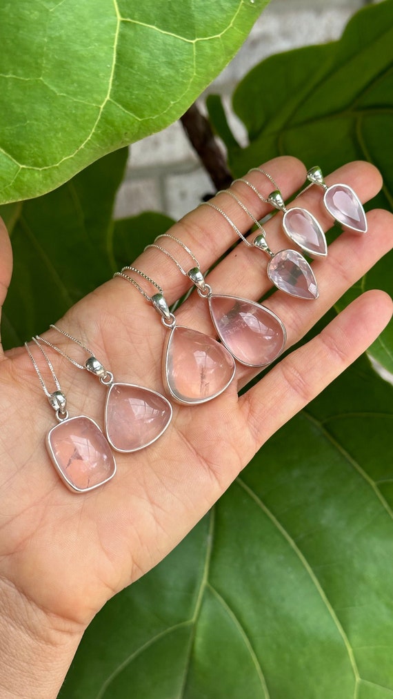 rose quartz  pendant, Rose quartz necklace , .925 