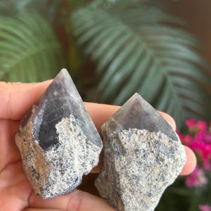 May include: Two raw crystal points featuring dark purple, translucent, pointed tips and rough, grey, textured mineral bases. The stones have a natural, unpolished appearance with distinct color transitions between the smooth, crystalline apex and the coarse, rocky bottom sections.