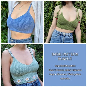 May include: A crochet pattern bundle for a sage bralette, with two pattern extensions: Cosmos and Strawberry Fields. The image shows three models wearing the bralette in different colours: blue, green, and light green.