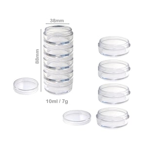 May include: Set of six clear plastic containers with lids. Each container is 10 ml / 7g and measures 38 mm in height and 88 mm in diameter. The containers are stacked on top of each other.