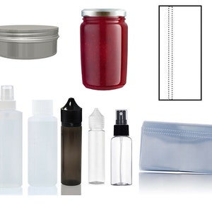 May include: A set of empty bottles and containers for packaging liquids and other products. The set includes a clear glass jar with a silver lid, a clear plastic bottle with a black spray nozzle, a clear plastic bottle with a white cap, a dark brown glass bottle with a black cap, a clear plastic bottle with a white cap, and a clear plastic pouch with a zipper.