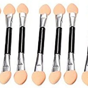 May include: Ten double-ended eyeshadow applicators with soft sponge tips. The applicators have black handles and silver metal shafts.
