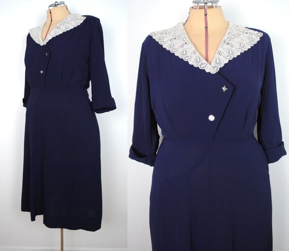 40s Navy Blue Dress - Vintage 1940s Crepe Rayon Dr