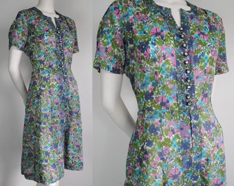 40s Printed Rayon Dress - Vintage 1940s 1950s Short Sleeve Dress - Deadstock Psychedelic Dress