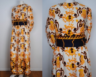 70s Langarm Maxi Kleid - Vintage 1960s 1970s Clifton Wilhite Texas Formelles Kleid - 1970s Psychedelisches Gedrucktes Partykleid / Abendkleid
