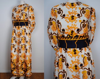 70s Long Sleeve Maxi Dress - Vintage 1960s 1970s Clifton Wilhite Texas Formal Gown - 1970s Psychedelic Printed Party Dress / Evening Gown