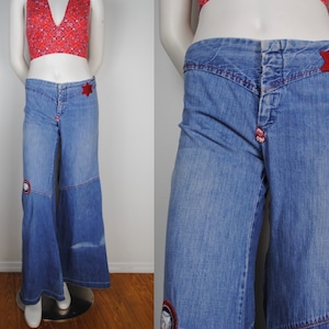 RARE Vintage 70s RAINBOW Striped Bell Bottoms Jeans // Serape Patchwork  Detail! — Hellhound Vintage