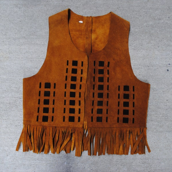 70s Suede Leather Vest - Vintage 1960s 1970s Weaved Leather Fringe Vest