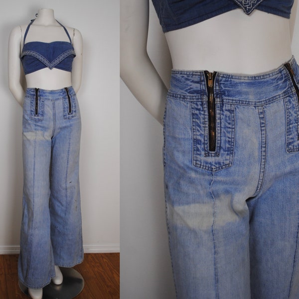 70s Wrangler Jeans - Vintage 1970s Double Front Zipper Denim Jeans - Vintage Faded Denim Jeans