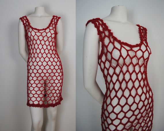 70s Fishnet Crochet Dress - Vintage 1970s Red Croc