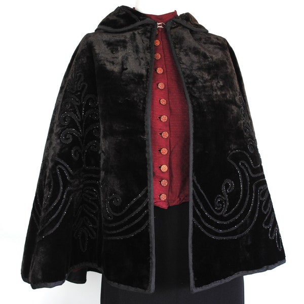 Victorian Velvet Cape - Antique 1890s Victorian Black Velvet Cape - Beaded Soutache Design - Stand Up Collar