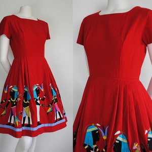 50s Egyptian Novelty Dress - Vintage 1950s Short Sleeve Dress - Egyptian Art Appliqués - Vintage Novelty / Souvenir Dress image 1
