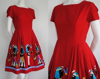50s Egyptian Novelty Dress - Vintage 1950s Short Sleeve Dress - Egyptian Art Appliqués - Vintage Novelty / Souvenir Dress