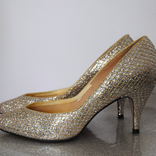 80s Silver and Gold Glitter Heels - 1980s Metallic Formal Pump Size 7 US