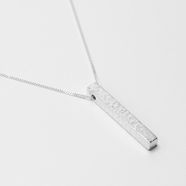 Hammered silver bar pendant in solid sterling silver necklace jewellery jewelry made in the UK