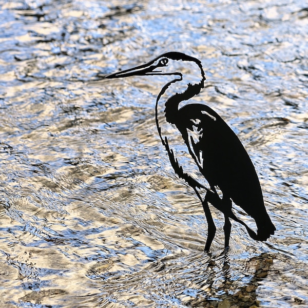 Heron on a spike solid steel metal bird garden art decoration, gift, present, rusty, black, silver, gold, copper finishes