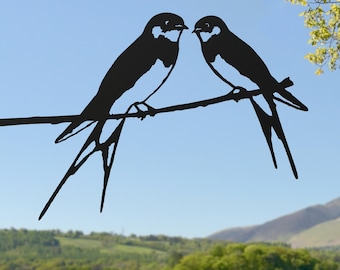 Barn Swallows love birds on a spike solid steel metal bird garden art decoration, gift, present, rusty, black silver gold copper finishes V2