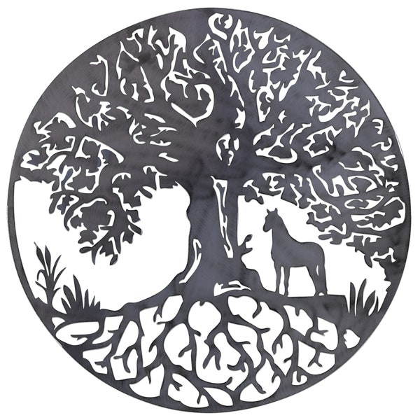 Baum des Lebens mit Pferd Wand kunst massiv Mildstahl Metall Geschenk, Geschenk, Wohndekoration, innen, Garten