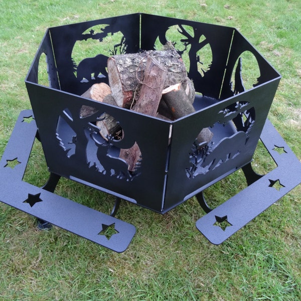 Heavy duty luxury fire pit, make your garden stand out - Premium large big huge - Wolf, bear and deer scenes that look stunning at night