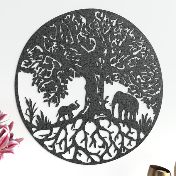 Tree Of Life with elephants wall art, solid steel metal gift, black, silver, copper, raw, gold, present, home decoration, indoor, garden