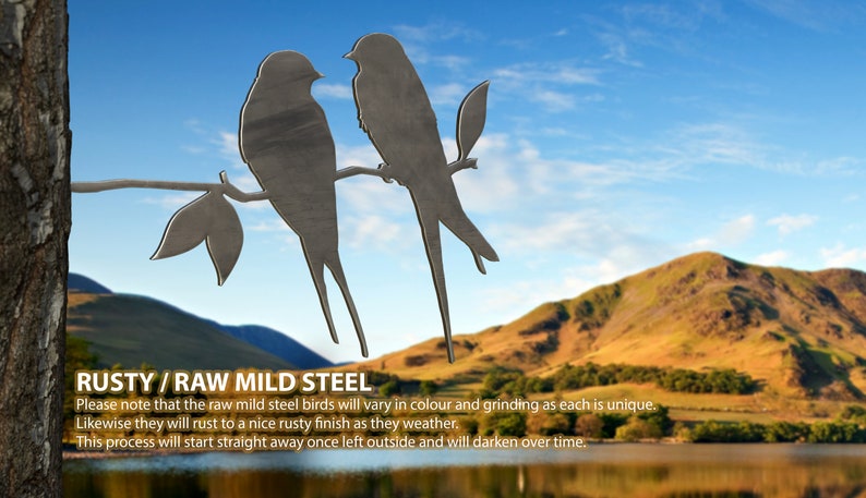 Raw mild steel not yet rusted barn swallows metal bird art for tree or fence posts and more.