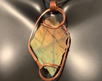 Earthy Rough Labradorite Pendant, Copper Wire Wrapped Pendant, Wire Wrapped Stone Pendant, Orange Labradorite Pendant, Stone Wire Wrap