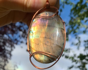 Very Large MultiFire Spectrolite / Labradorite Pendant, Copper Wire Wrapped Stone Pendant, Stone Wire Wrap Pendant, Wire Wrapped Pendant