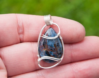 Petite Blue Flash Pietersite Pendant, Sterling Silver Wire Wrapped Pendant, Wire Wrapped Stone Pendant, Pietersite Stone Wire Wrap