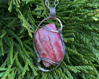 Rhodochrosite Wire Wrapped Pendant - Sterling Sliver Wire Wrapped Stone Pendant - Pink Stone Wire Wrap Pendant - Rhodochrosite Pendant