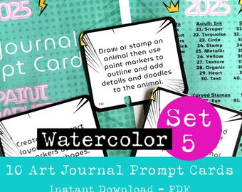 May include: A set of 10 art journal prompt cards with a watercolor theme. The cards are black and white with a comic book style border. The text on the cards reads "Watercolor" and "10 Art Journal Prompt Cards". The cards are part of a larger set of 100 day project cards.