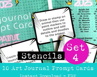 May include: A set of 10 art journal prompt cards with a comic book style design. The cards are teal and black with white text. The text on the card reads "Draw or stamp an animal then use paint markers to outline and add details and doodles to the animal." The cards are part of a set of 10 art journal prompt cards. The set is called "Stencils" and is set number 4. The text "10 Art Journal Prompt Cards" and "Instant Download - PDF" is at the bottom of the image.