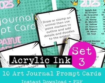 May include: A set of 10 art journal prompt cards with a pink and white comic book style design. The cards feature the text "Acrylic Ink" and "Set 3". The text on the card reads "Draw or stamp an animal then use paint markers to outline and add details and doodles to the animal."